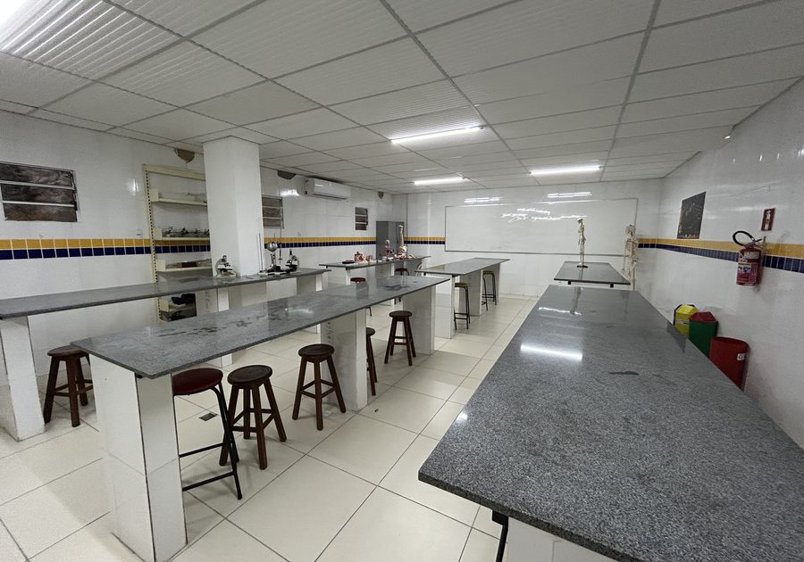 Laboratório de ciências com bancadas de granito, microscópios e esqueleto anatômico