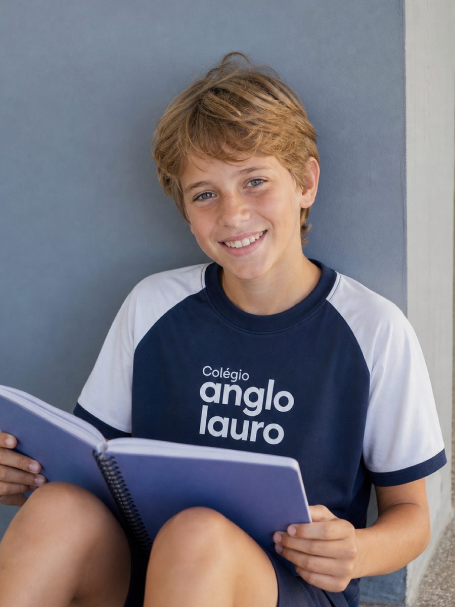 Aluno dos Anos Finais sentado com um caderno aberto no colo, sorrindo