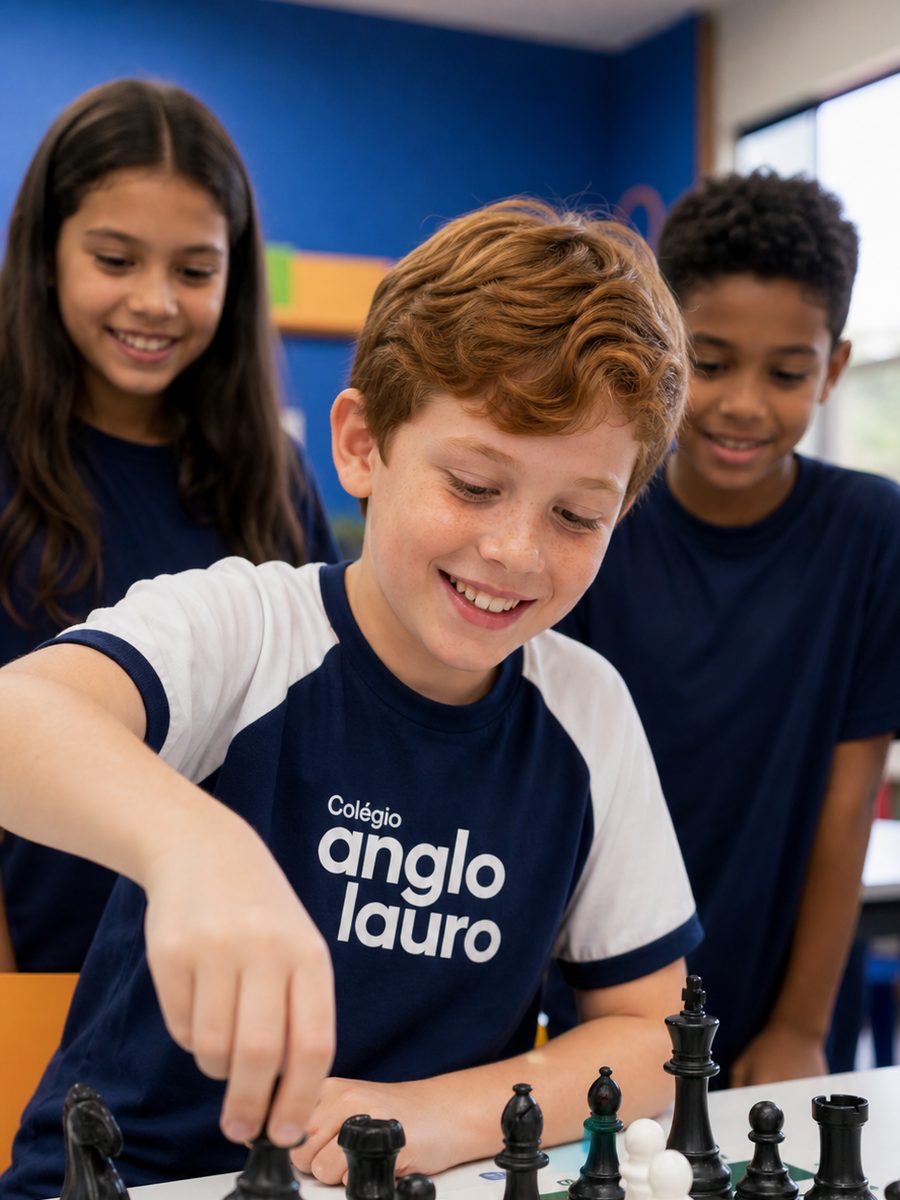 Alunos dos Anos Iniciais jogando xadrez em sala, um deles movendo uma peça