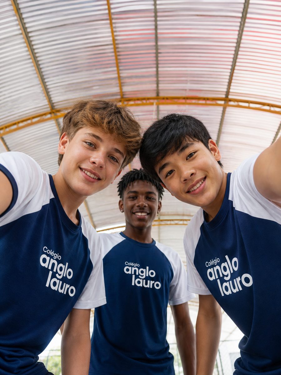 Três alunos do Ensino Médio do Colégio Anglo Lauro juntos e sorrindo na quadra coberta