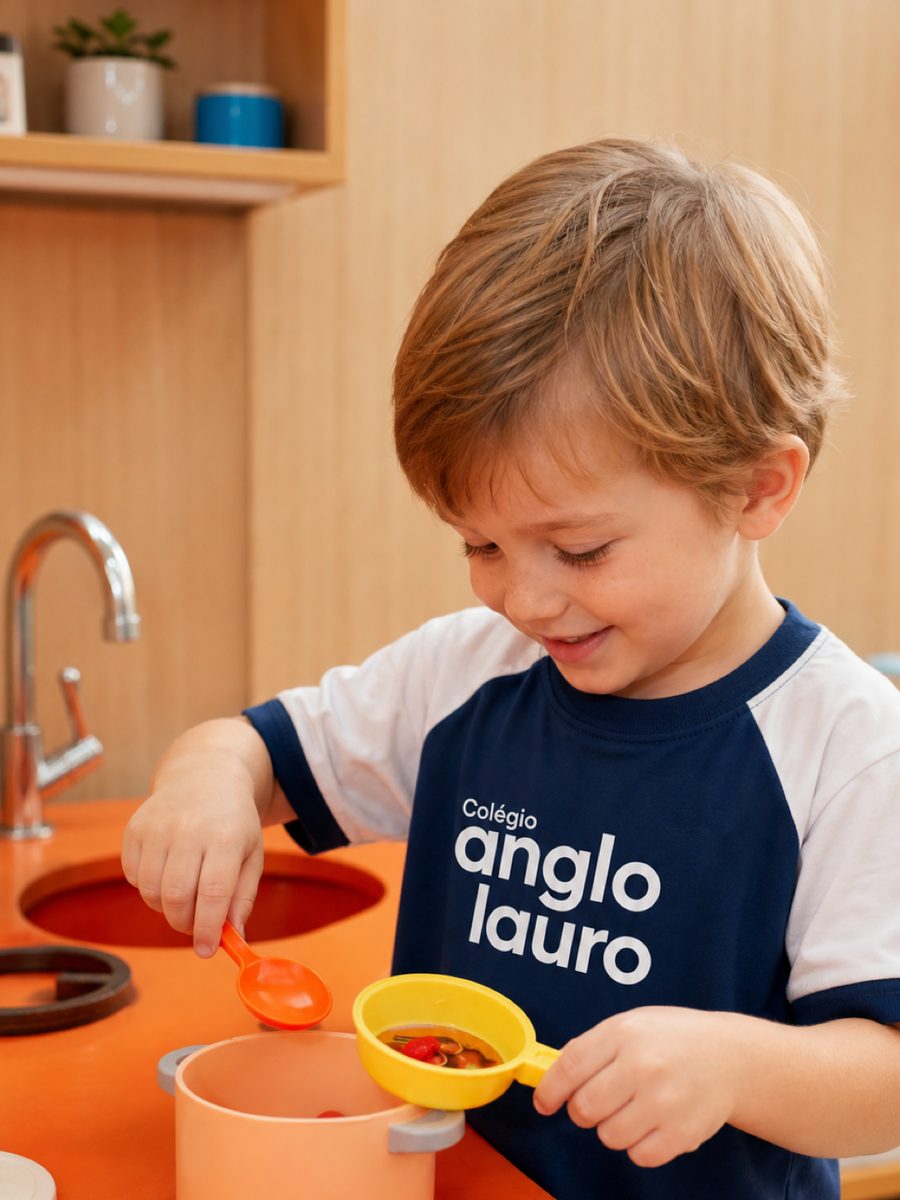 Criança do Tempo Integral brincando de cozinhar na cozinha pedagógica da escola
