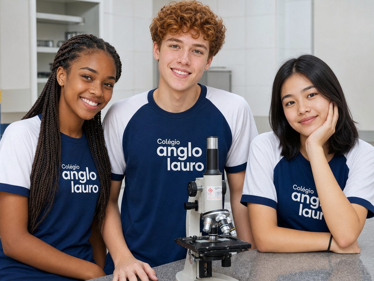 Três alunos do Ensino Médio do Colégio Anglo Lauro em volta de um microscópio no laboratório
