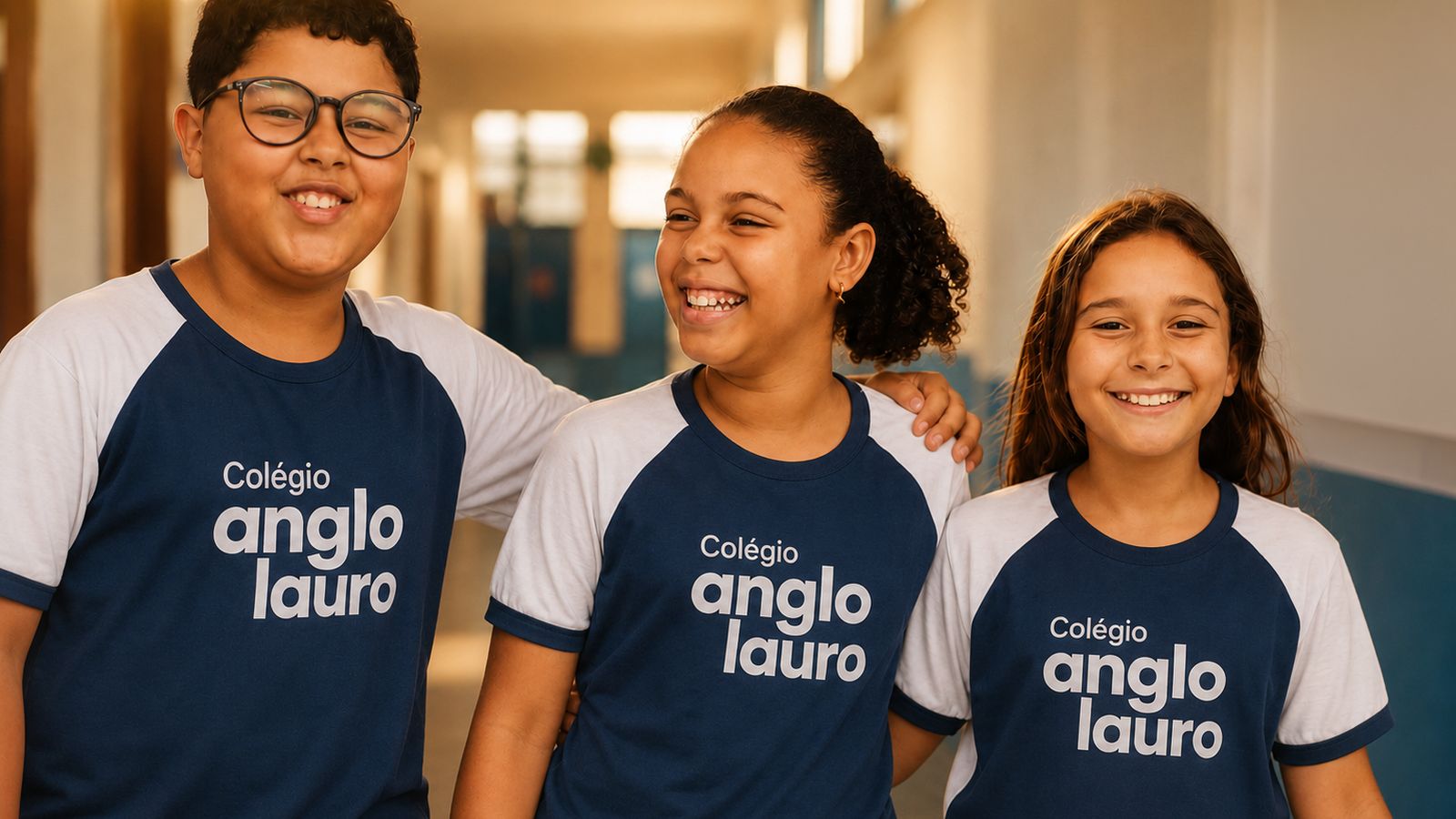 Três alunos do Colégio Anglo Lauro caminhando juntos e conversando no corredor da escola