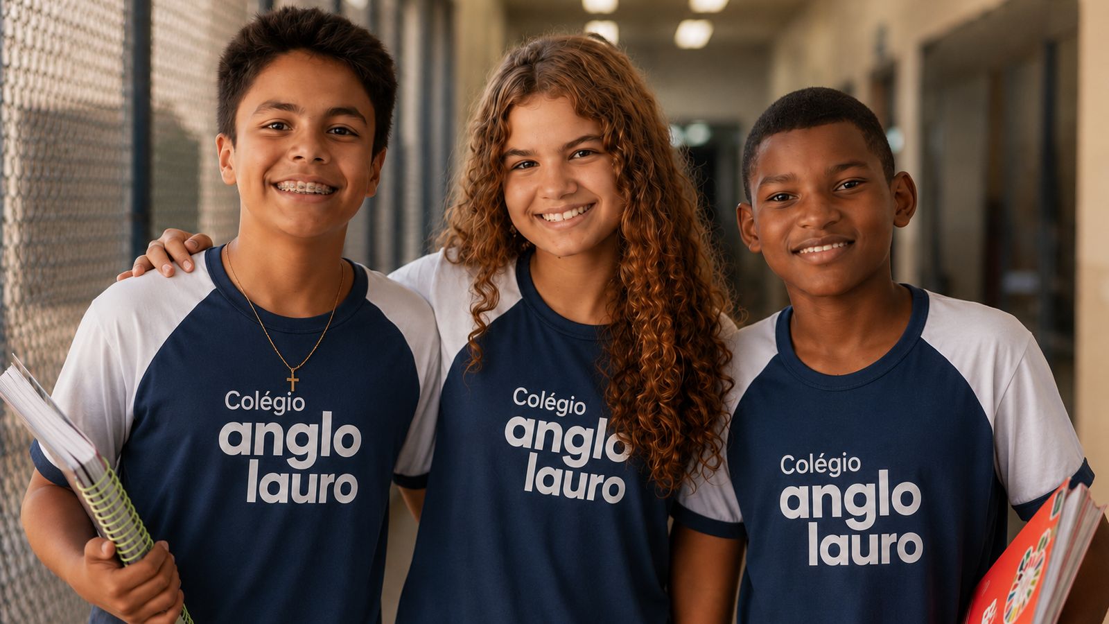 Três alunos do Colégio Anglo Lauro de uniforme, com cadernos nas mãos, sorrindo no corredor