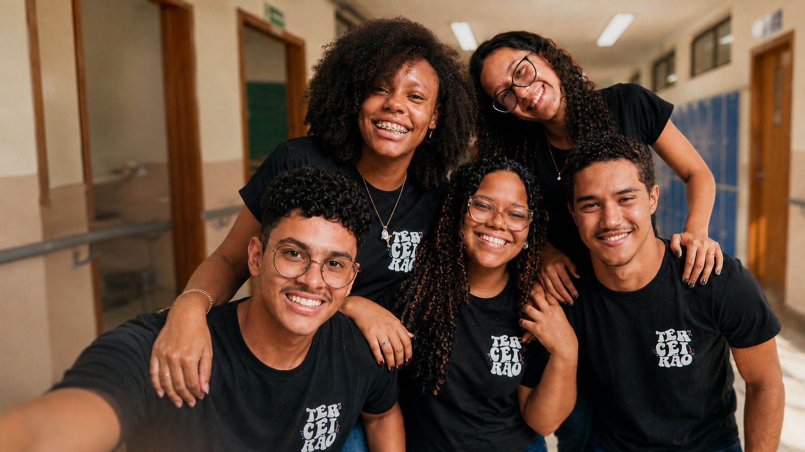 Cinco estudantes do terceirão do Colégio Anglo Lauro abraçados e sorrindo no corredor da escola